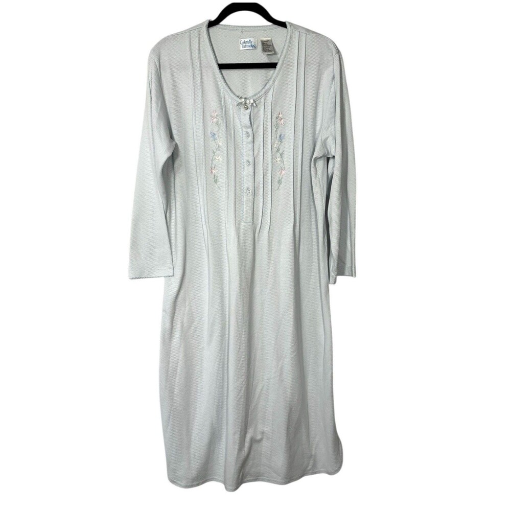 GABRIELLE INTIMATES Vintage Nightgown Blue Embroidered Half Button